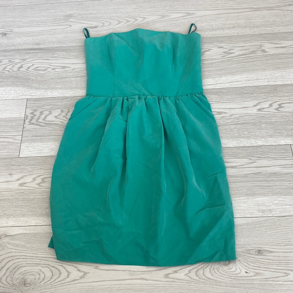 turquoise strapless babydoll dress with open back